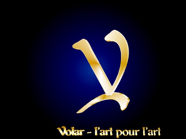 The coat of the sculptor -  a V - and his motto " l'art pour l'art". The coat and the motto are made of gold in 3D style. The background is black and in the middle, behind the coat, steel blue.